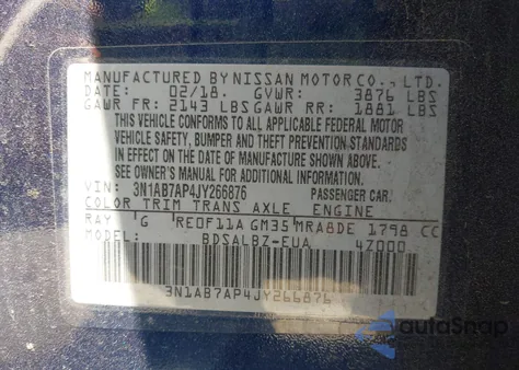 2018 Nissan Sentra S from USA, damaged, VIN 3N1AB7AP4JY266876